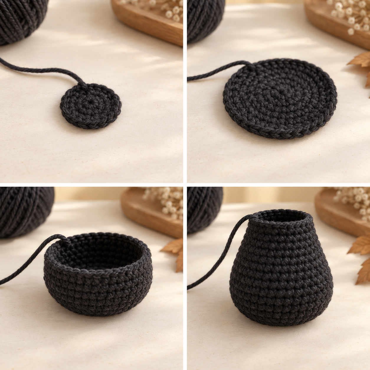 Four-stage visual of crocheting the charcoal black cat body from a flat base into a pear-shaped torso