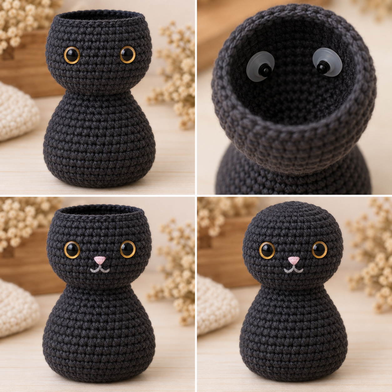 Black cat face construction showing amber safety eyes, inside washers, pink nose, gray mouth and closed stuffed head