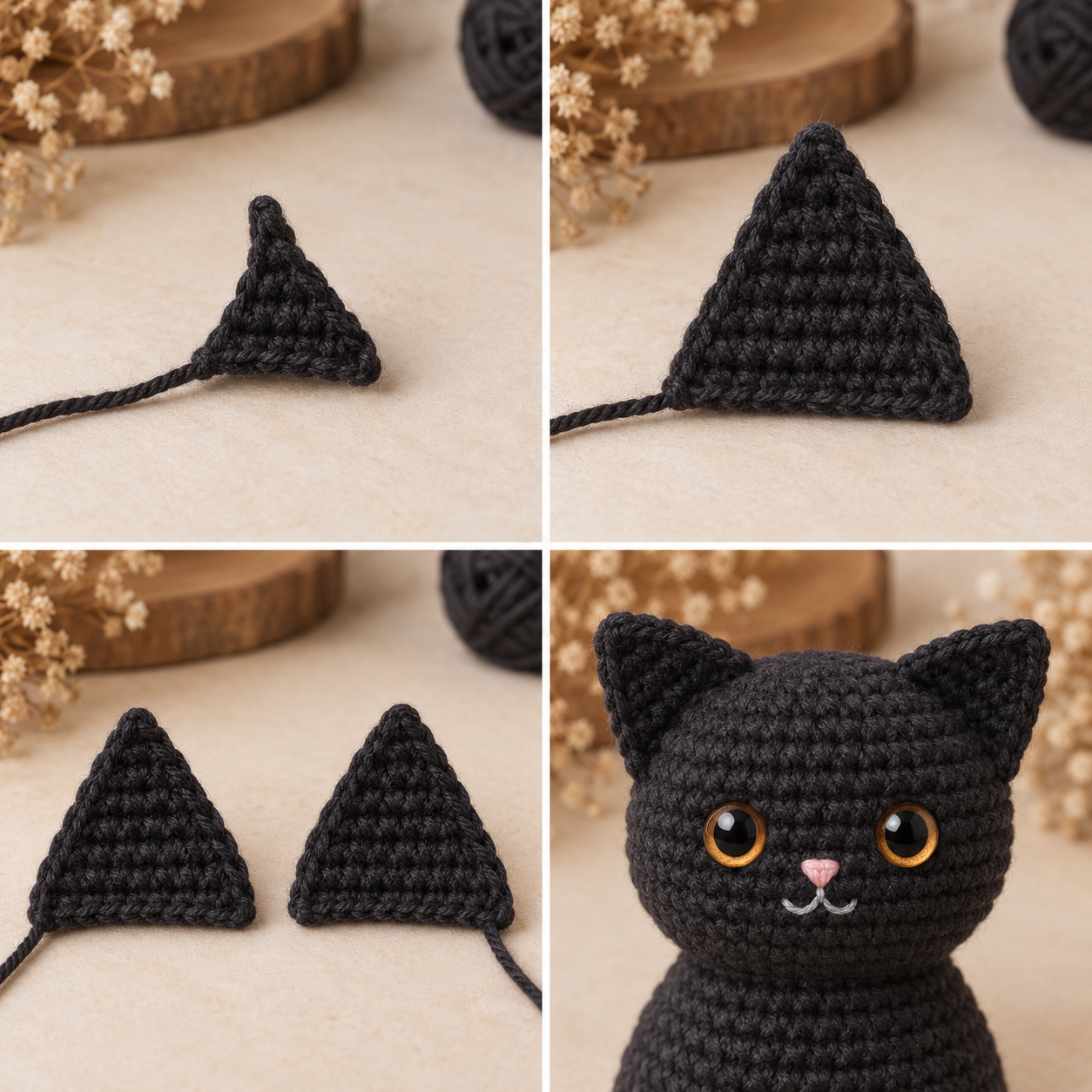 Two flat black crochet cat ears and their symmetrical placement on the amigurumi head