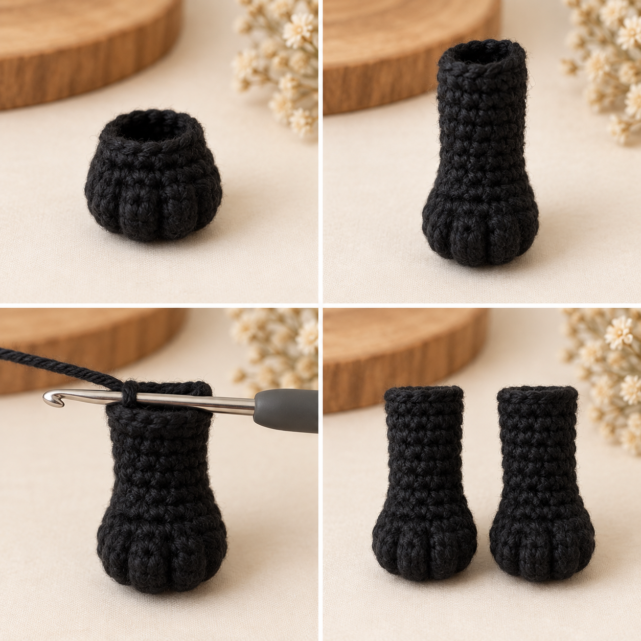 Black crochet front paws showing rounded paw shaping, narrow arms and flattened closed tops