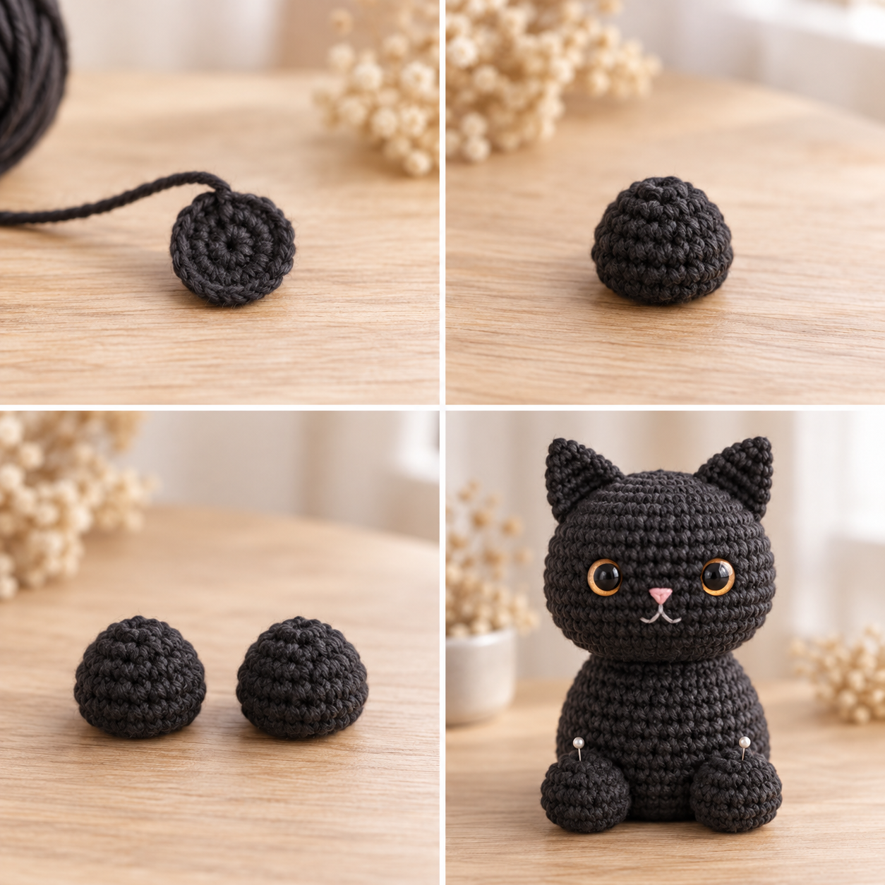 Two rounded black hind paws and their low-front placement on the seated crochet cat
