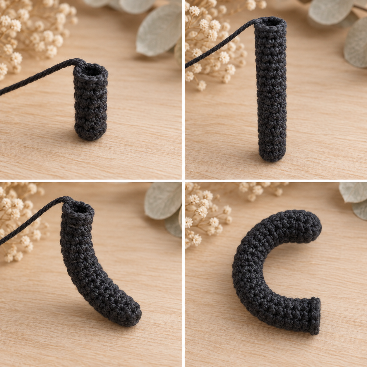 Black crochet tail progressing from a narrow tube into a curved unstuffed tail with a flat attachment base
