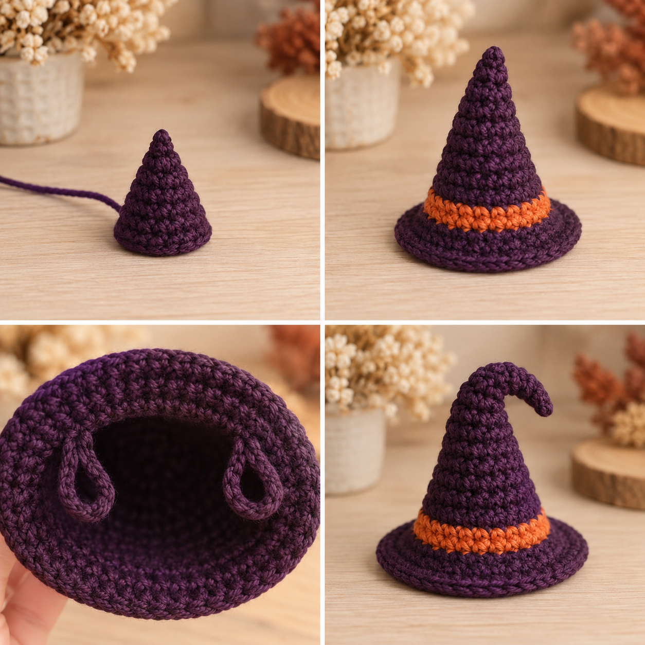 Deep plum crochet witch hat with burnt orange band, wide brim and two underside yarn ear loops