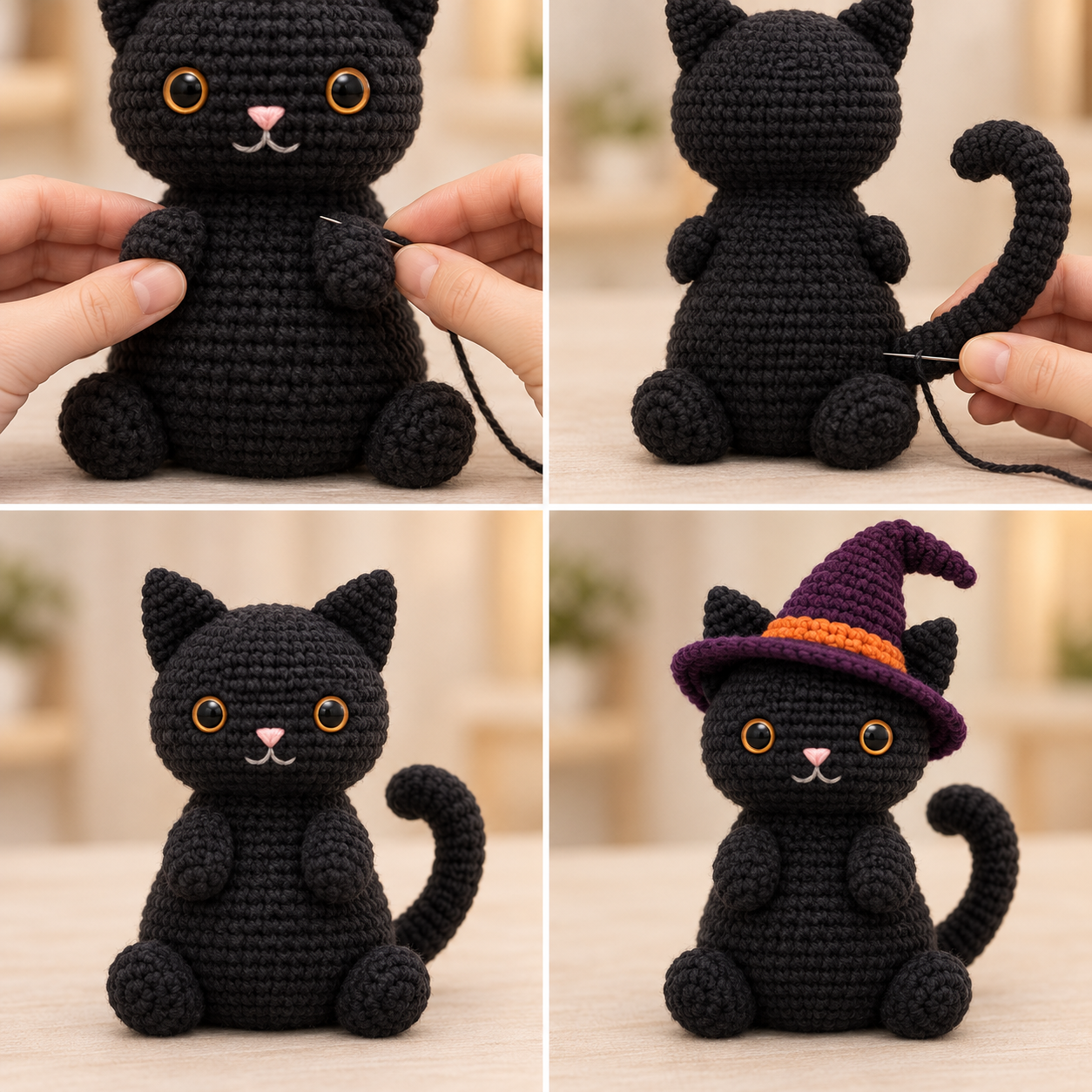 Black cat amigurumi assembly showing paws and curved tail plus the removable witch hat off and on