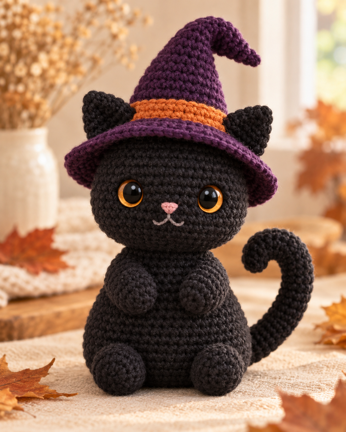 Finished black cat crochet amigurumi with amber eyes, curved tail and removable plum witch hat