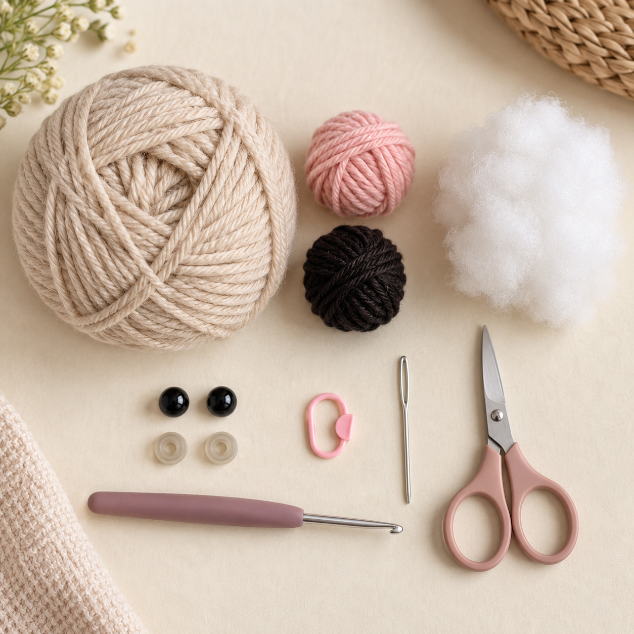 Warm oatmeal yarn, pink and dark embroidery yarn, stuffing, safety eyes, hook and tools for the cat crochet pattern