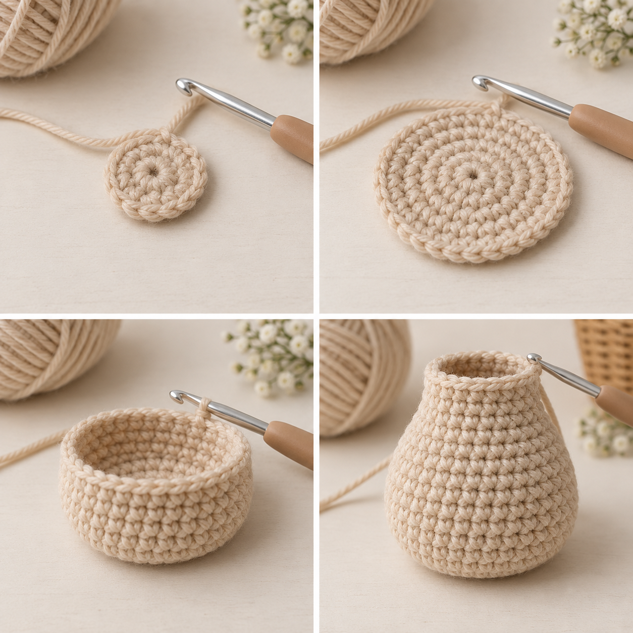 Four-stage crochet progression from a flat circular base to the pear-shaped lower cat body