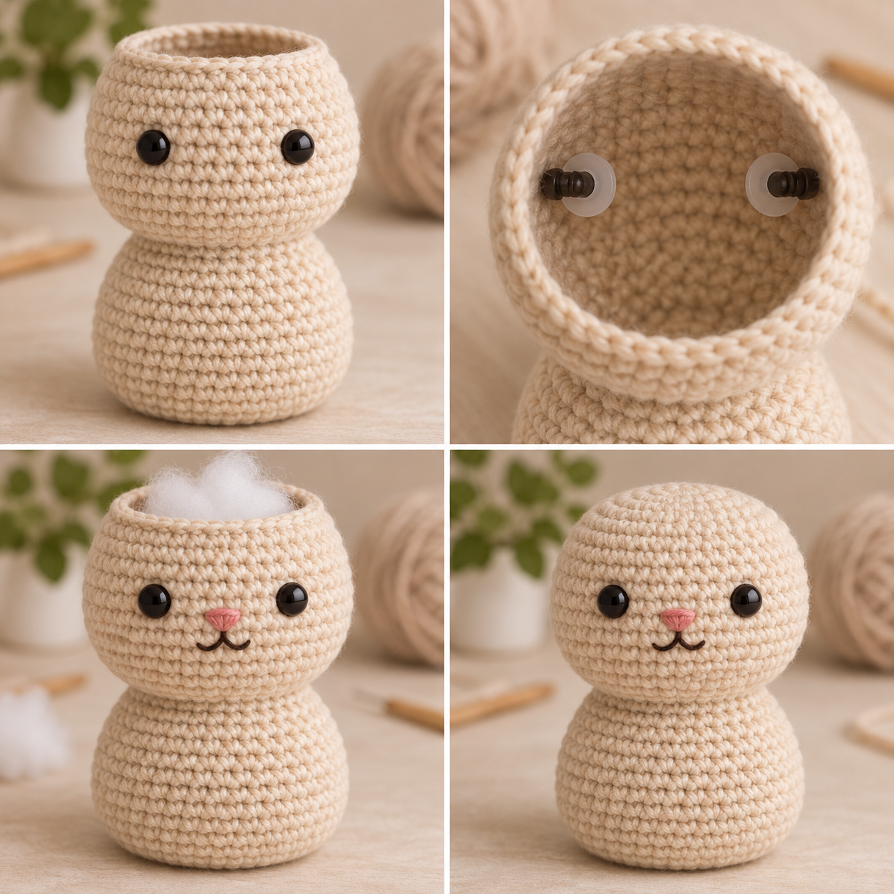 Cat face construction showing two safety eyes, inside washers, pink nose, stuffing and the closed head