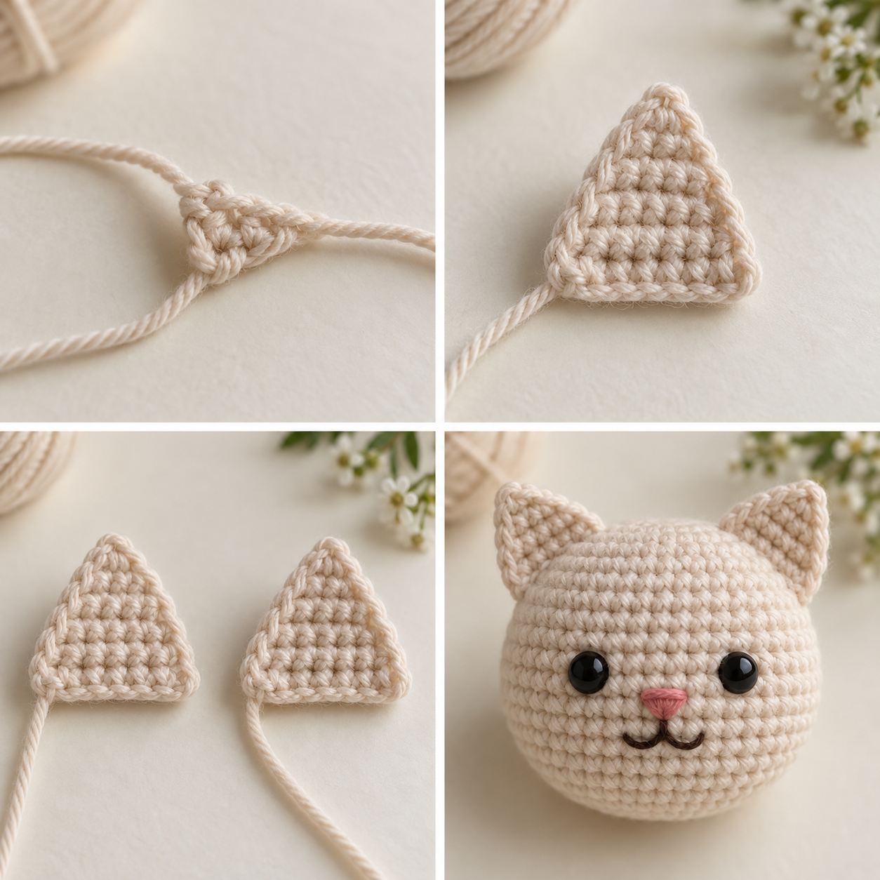 Flat triangular crochet cat ears from tiny start to matching pair and symmetrical placement on the head