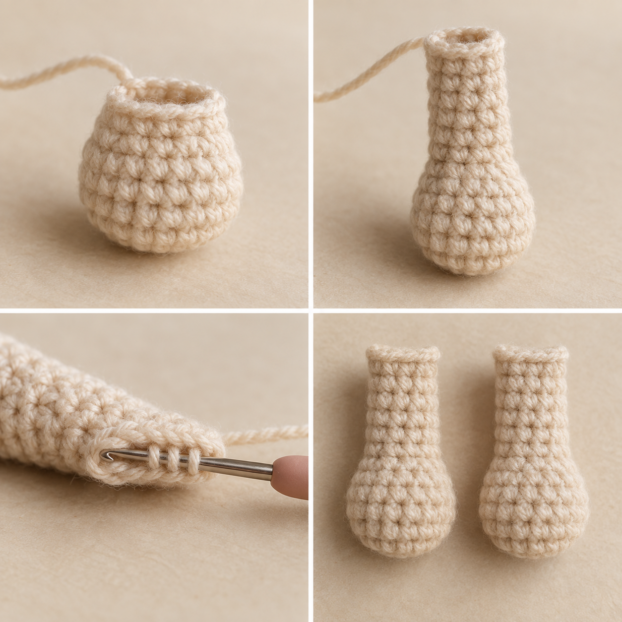 Crochet front paws showing rounded ends, short arms and flattened tops crocheted closed through both layers