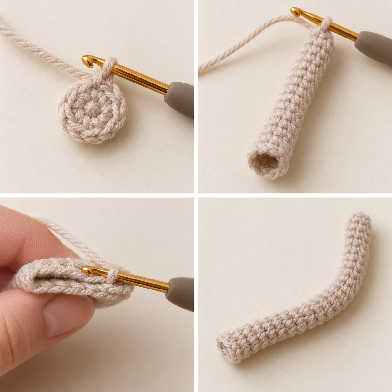 Slim unstuffed crochet cat tail progressing from a small start to a flexible tube with a flattened closed base