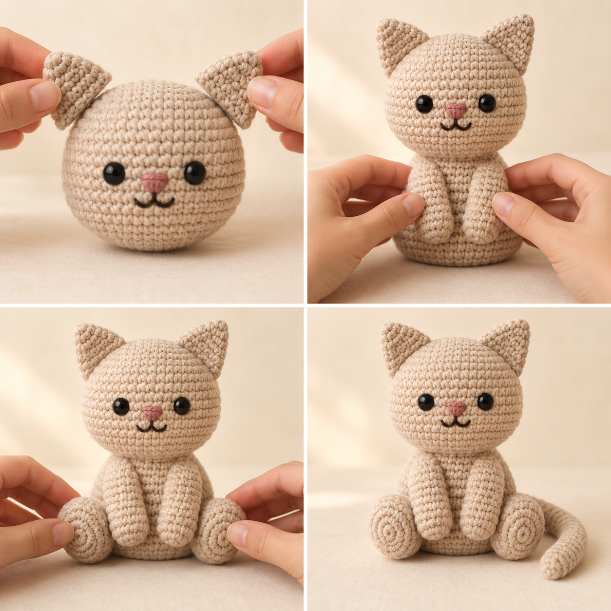Four-stage assembly of the seated crochet kitty with ears, front paws, hind paws and one side tail