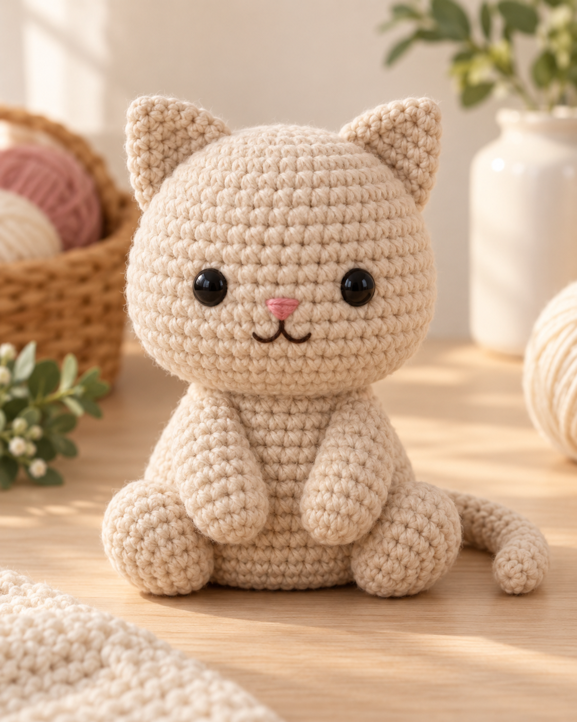 Finished warm beige seated amigurumi kitty with dark eyes, pink nose, short paws and one flexible tail