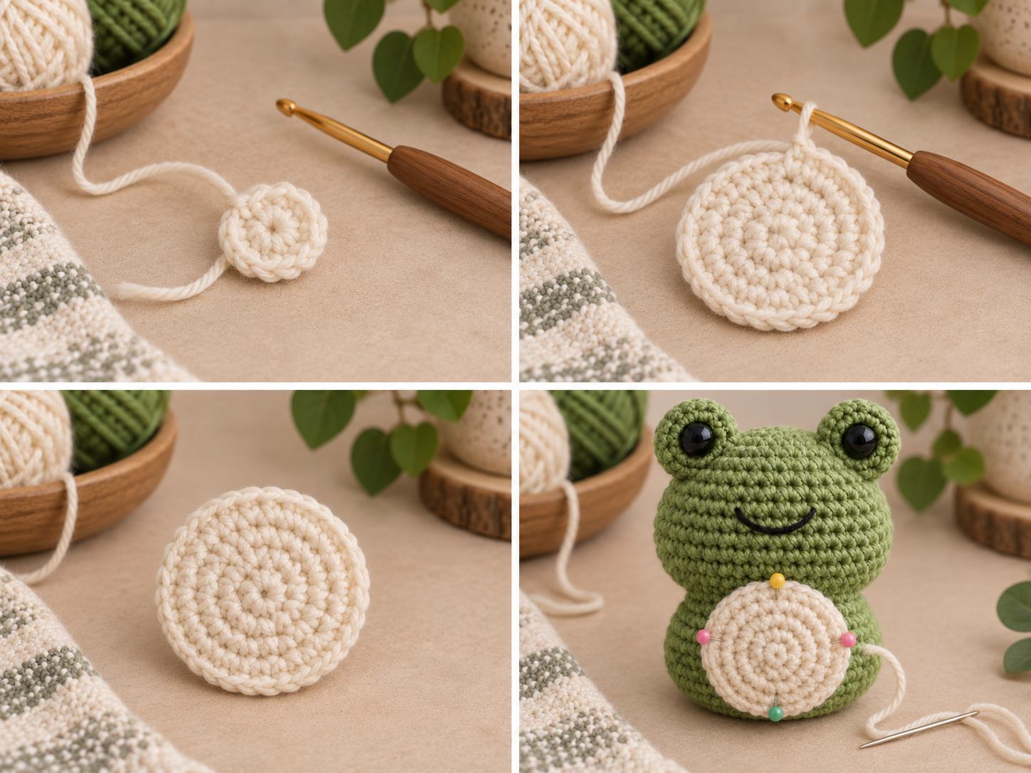 Crocheting and attaching the cream frog belly patch