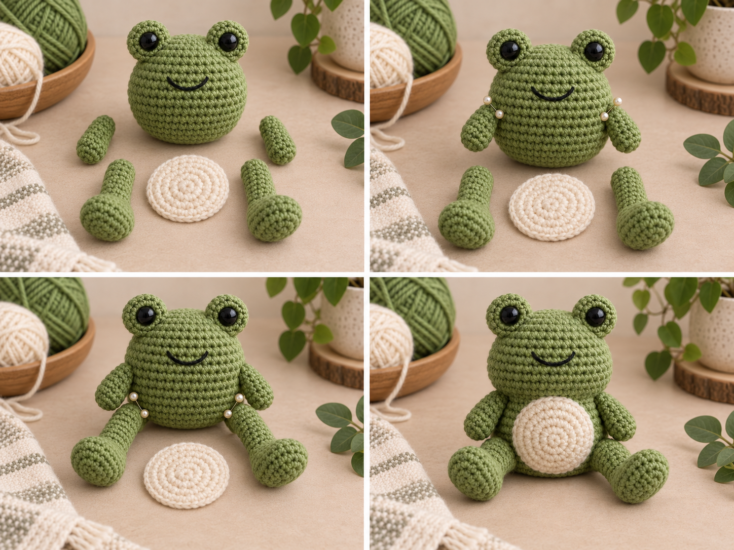 Assembling the crochet frog amigurumi pieces