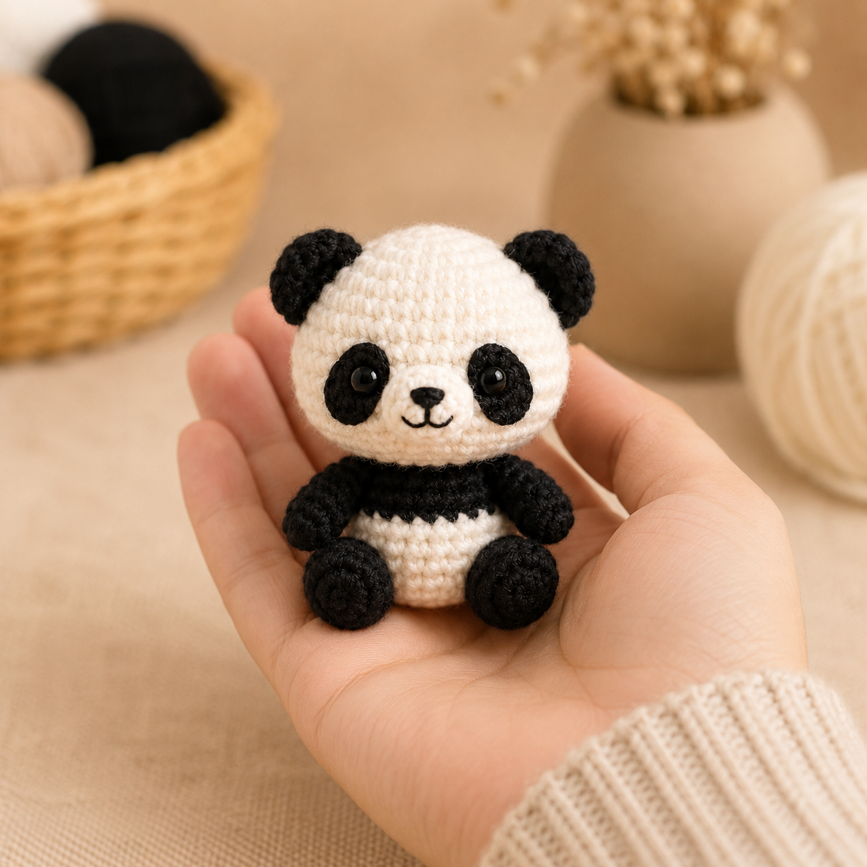 Mini panda amigurumi shown in hand for size