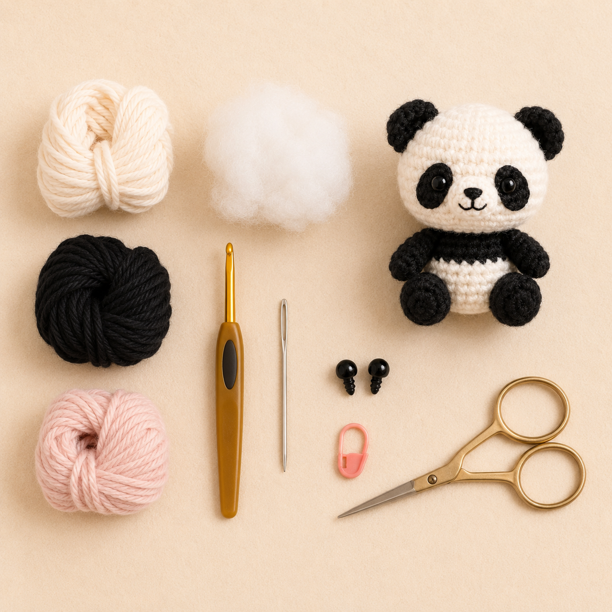 Materials for a mini panda crochet pattern