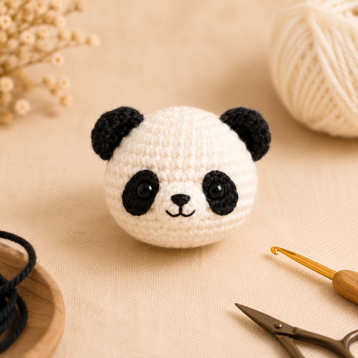 Finished crochet head for mini panda amigurumi