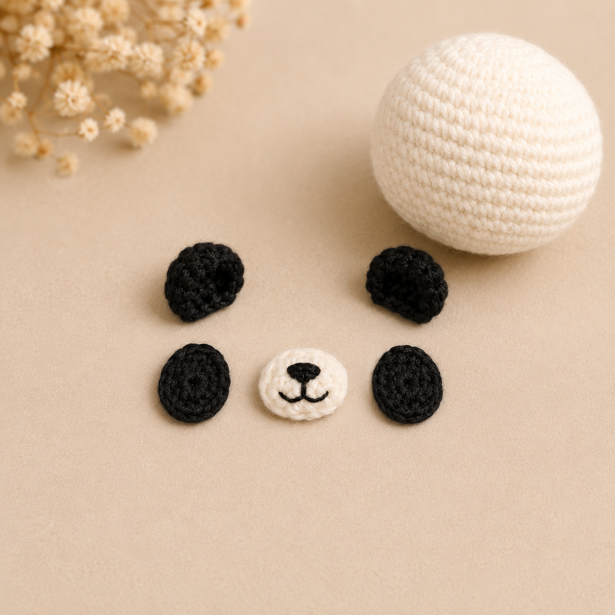 Mini panda crochet face pieces and ears