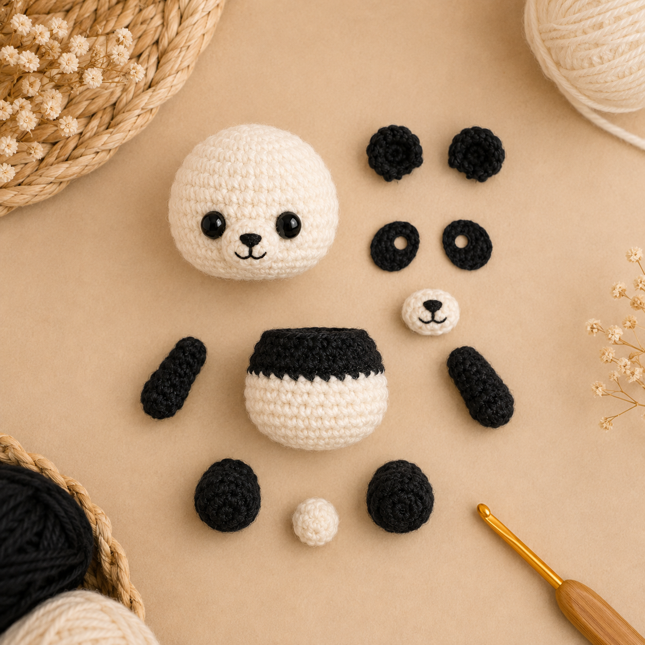 Mini panda crochet pieces before assembly