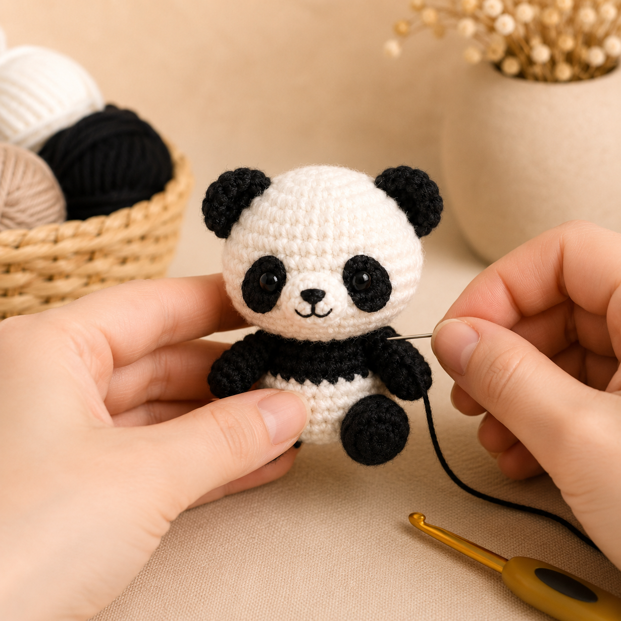 How to assemble a mini panda crochet pattern