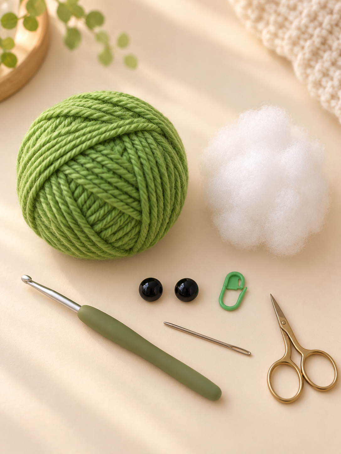Materials for the free no-sew frog crochet pattern
