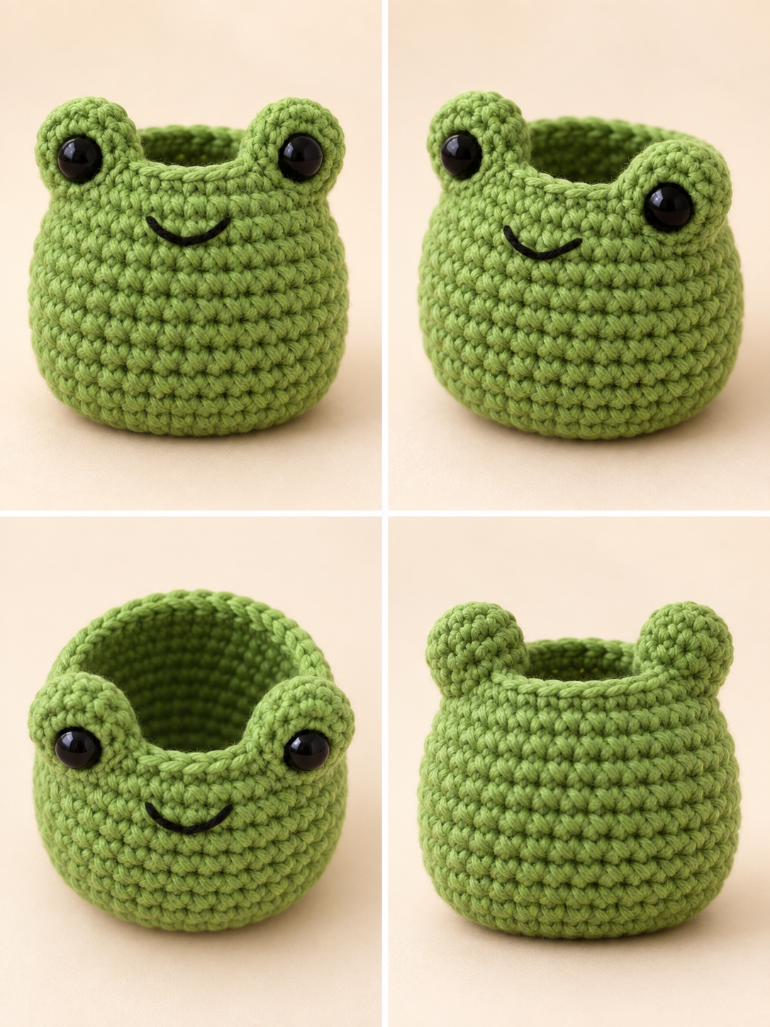 Integrated eye bumps and face on a no-sew crochet frog