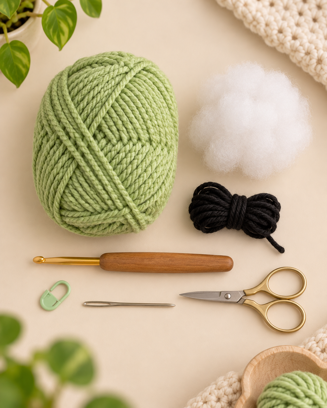 Materials for the no sew leggy frog crochet pattern