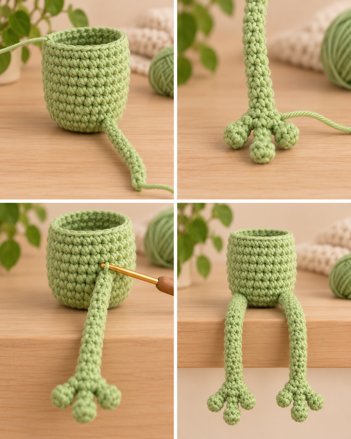Long legs crocheted directly into the no sew frog body