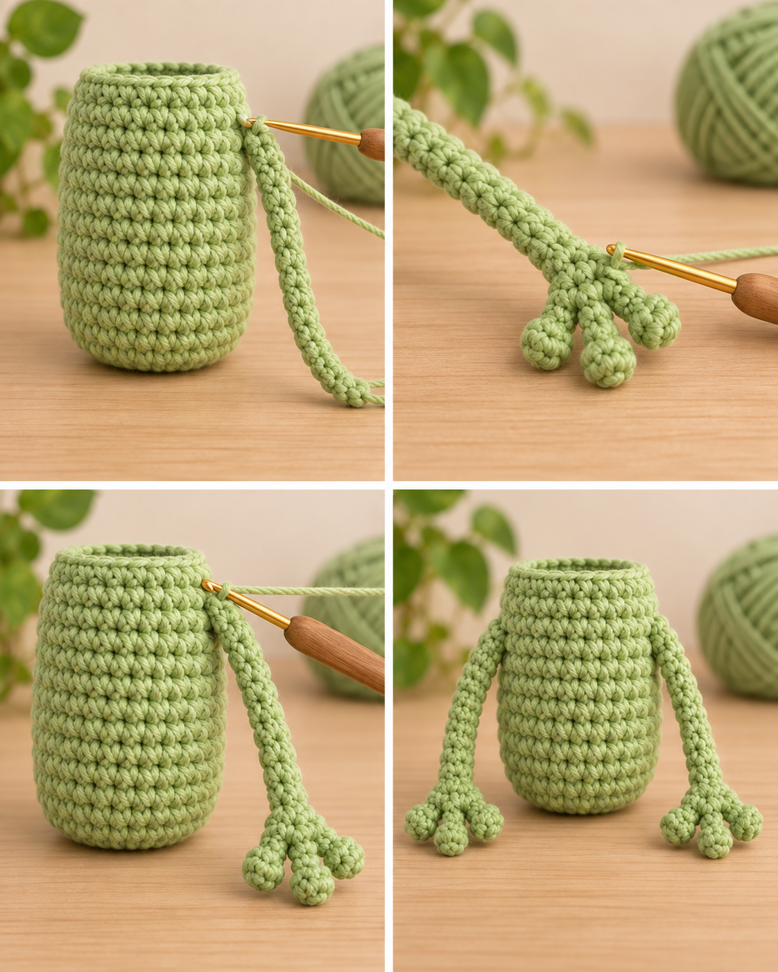Long arms crocheted directly into the leggy frog body