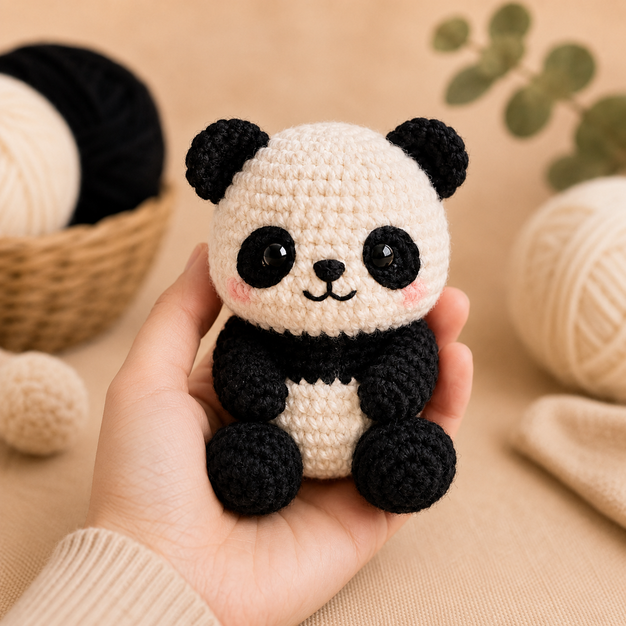 No sew panda amigurumi shown in hand for size