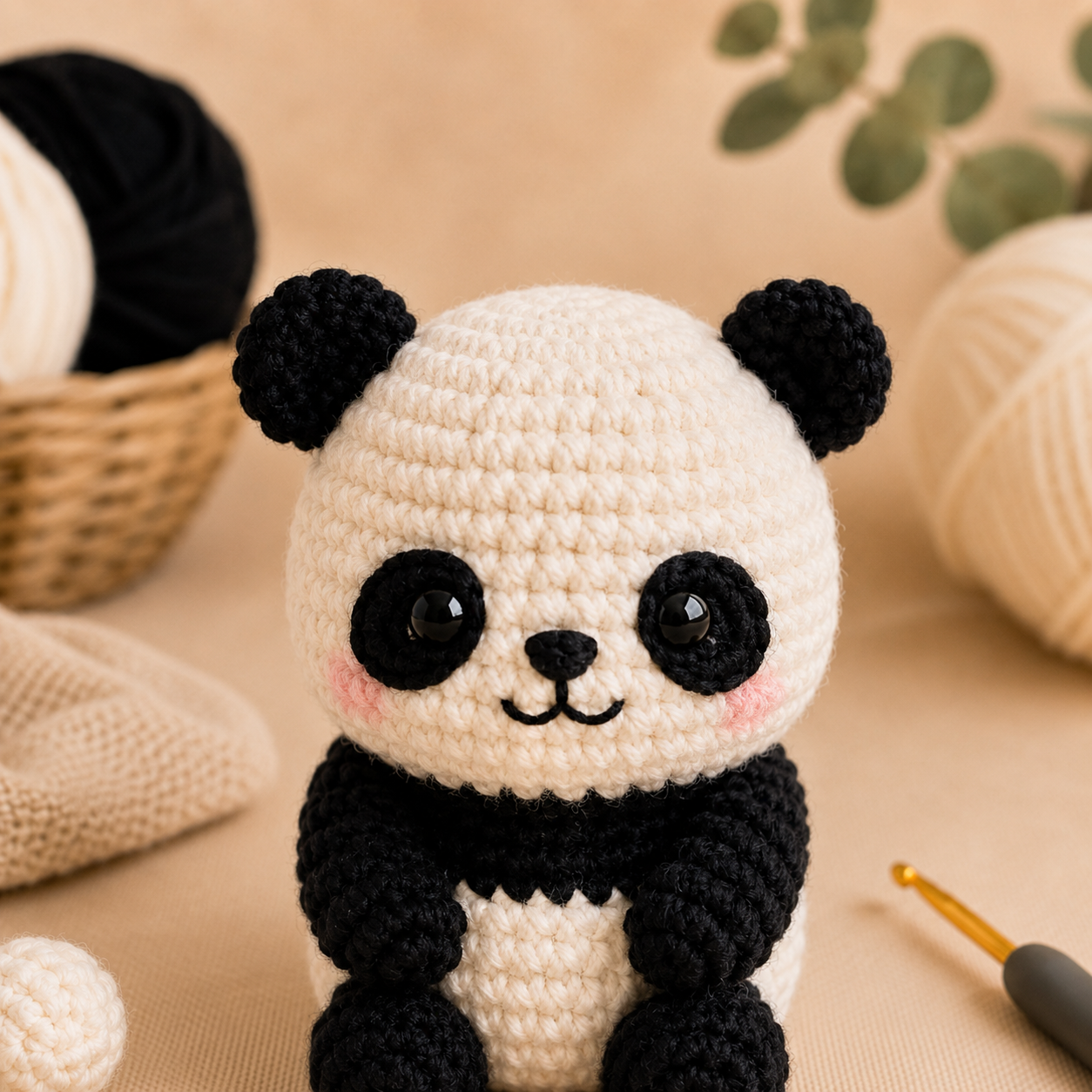 Integrated crochet bobble ears on no sew panda