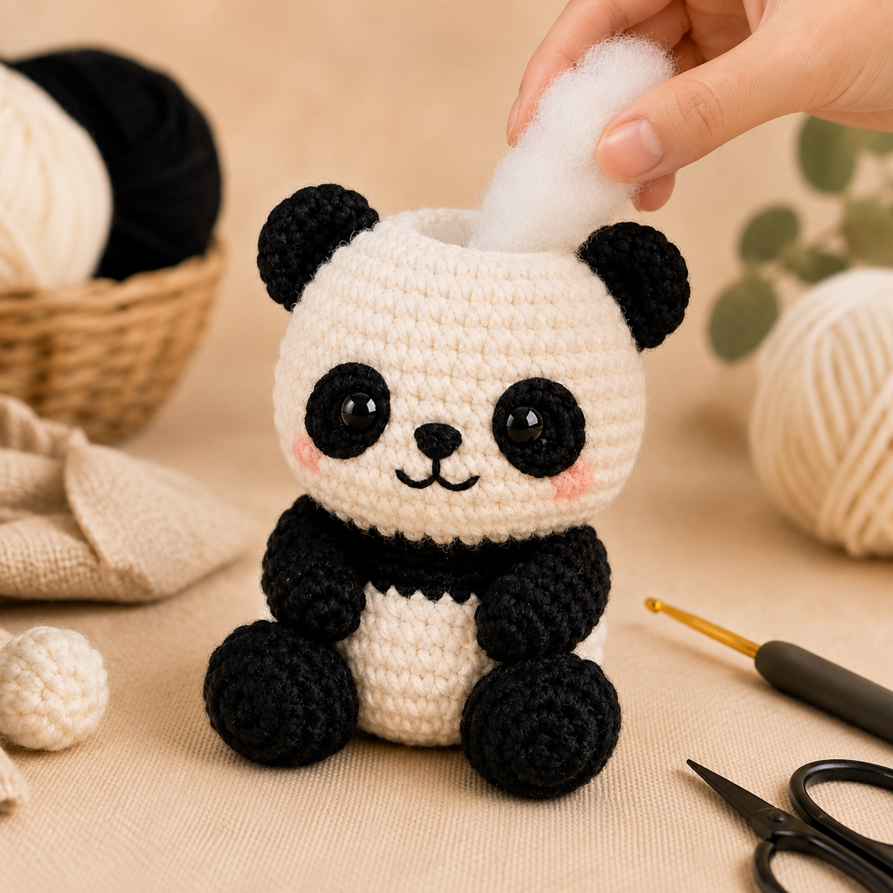 Stuffing a one piece no sew panda before closing