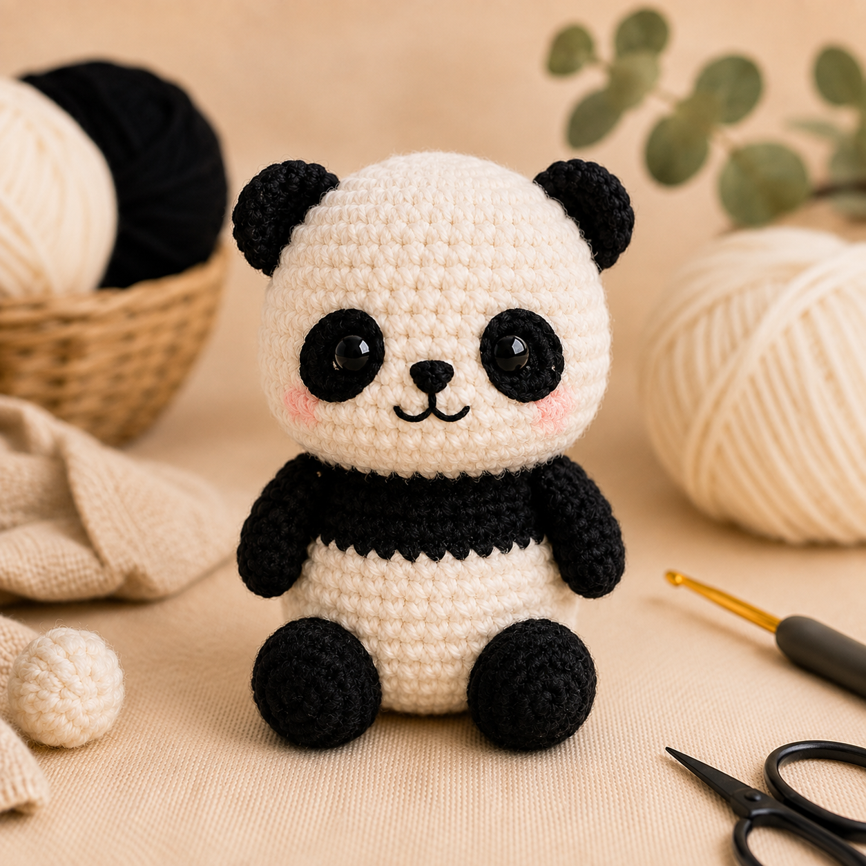 Finished no sew panda crochet pattern front view