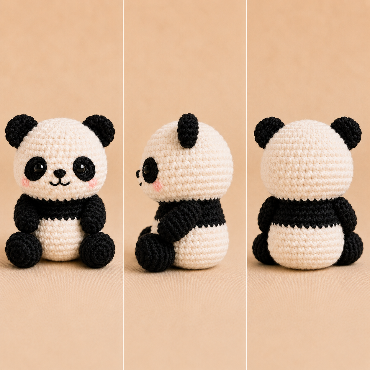 No sew panda crochet amigurumi front side and back views