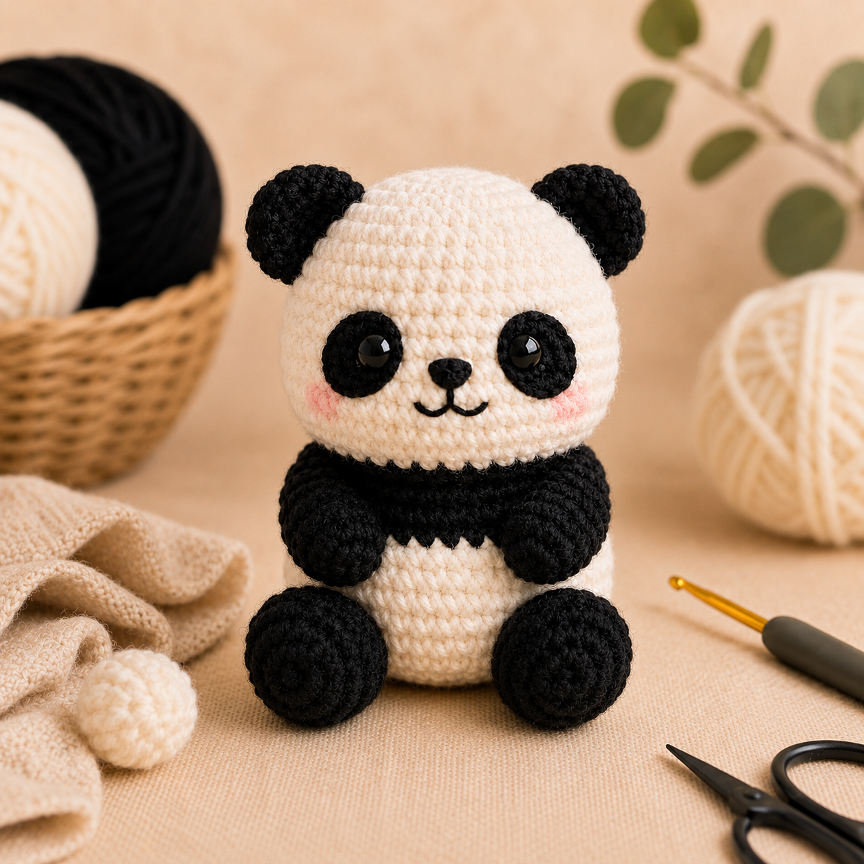 Chunky no sew panda crochet amigurumi with yarn and hook