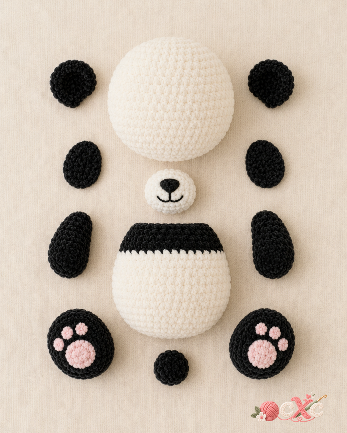 Panda amigurumi crochet pieces before assembly