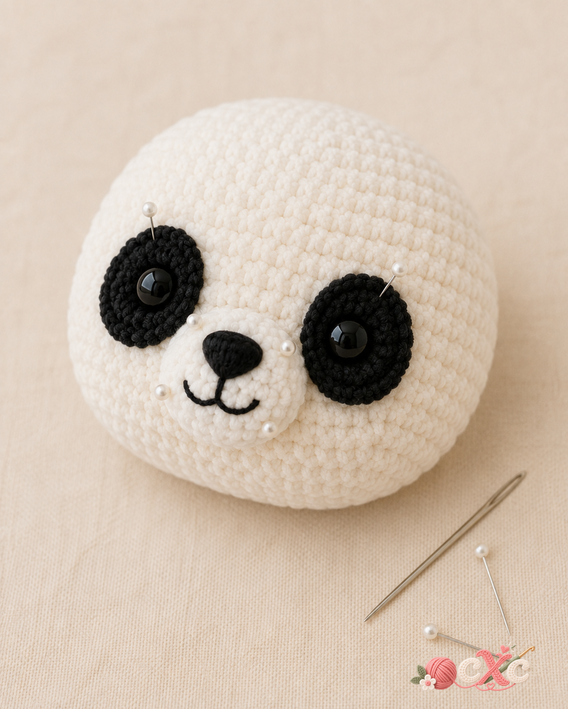 Panda crochet face placement with eye patches and muzzle