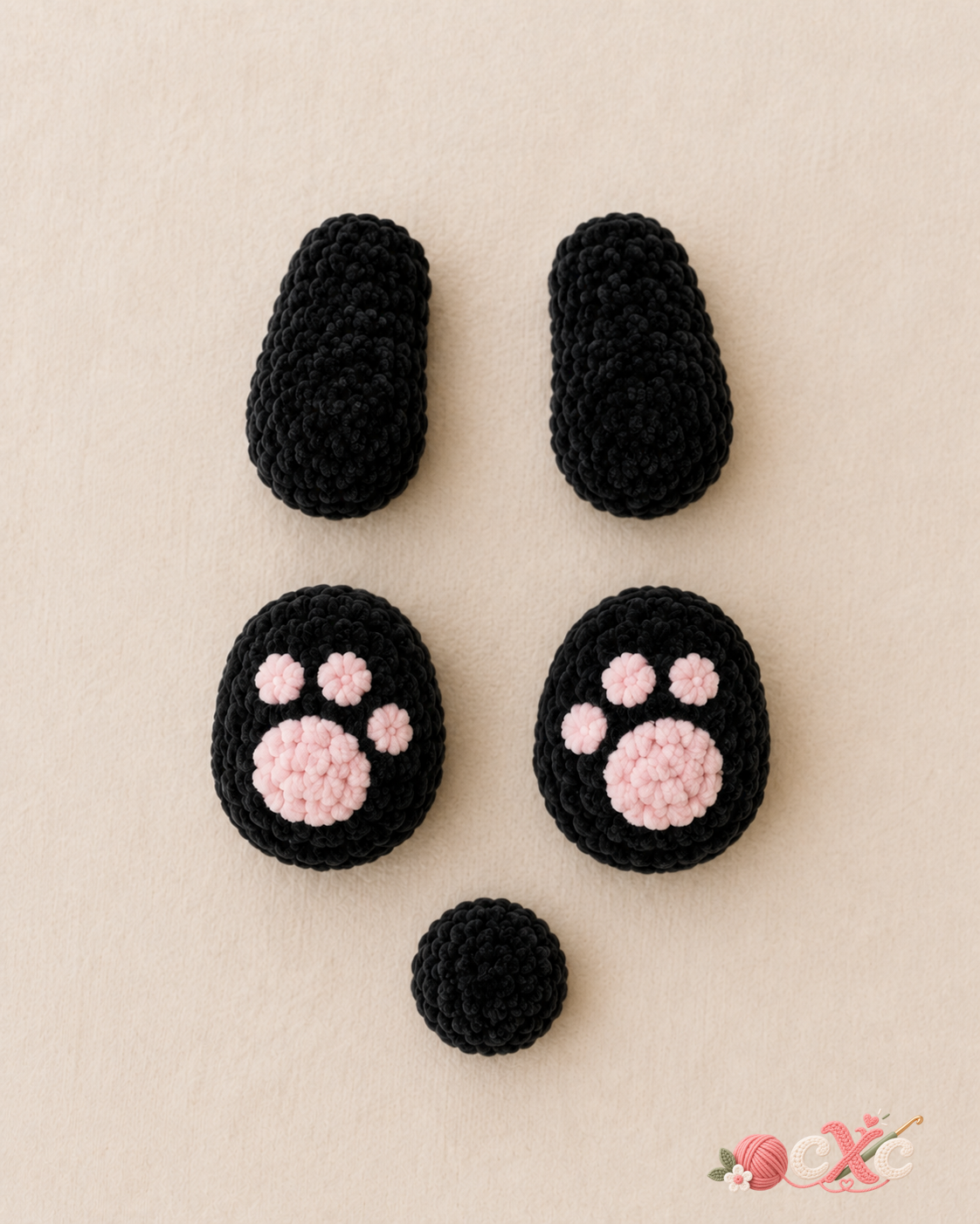 Crochet panda arms feet paw pads and tail pieces