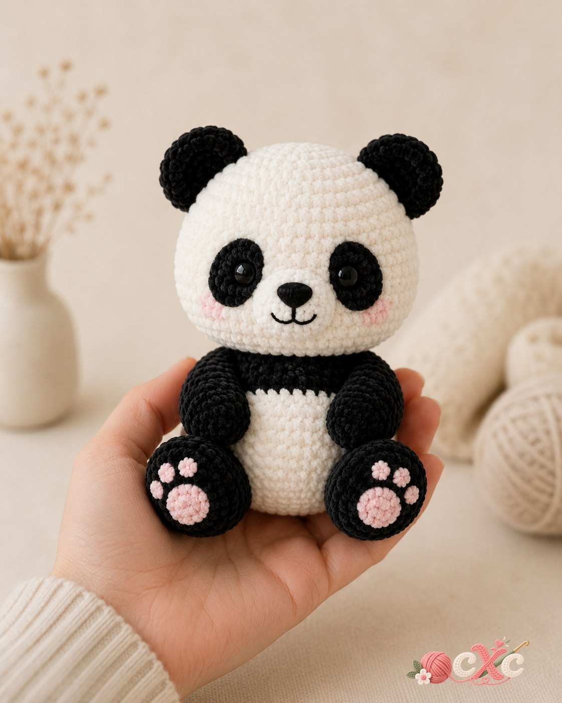 Handmade panda amigurumi shown in hand for size