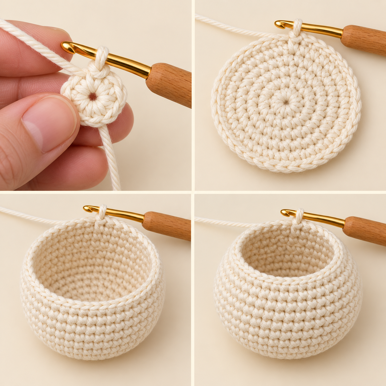 Four stages of the cream crochet panda head from magic ring to an open shaped shell
