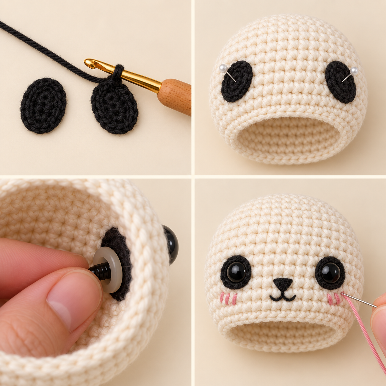 Making black eye patches, positioning eyes, and embroidering the panda face before stuffing