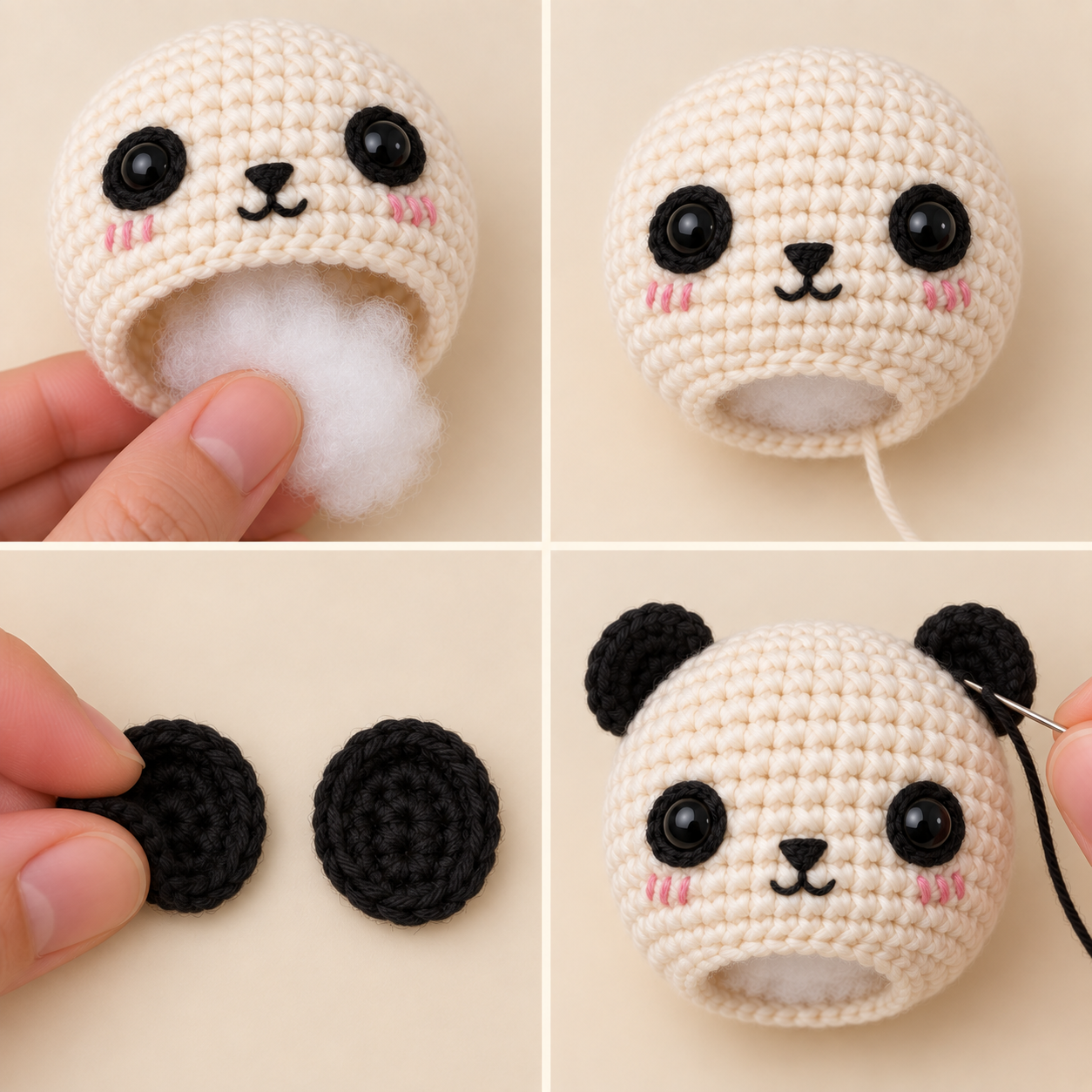 Stuffing the panda head, narrowing the neck opening, making black ears, and sewing them in place