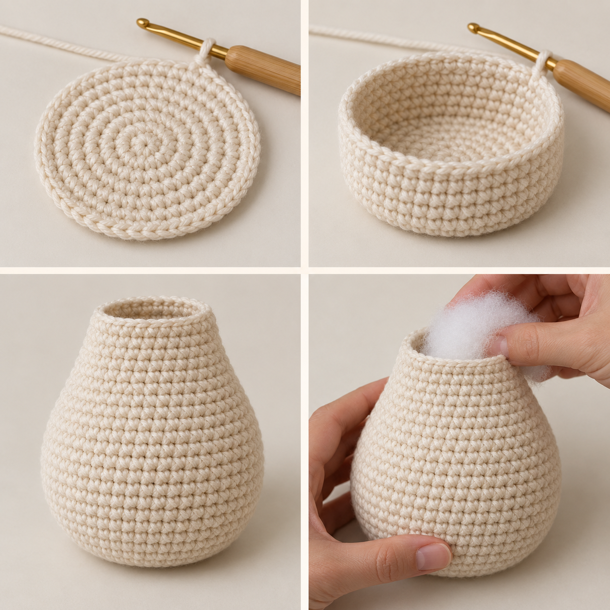 Cream panda body progressing from a circular base to a stuffed pear shape with an open neck