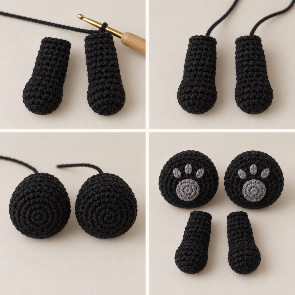 Black crochet panda arms and round feet with gray paw pads and three embroidered toes on each foot