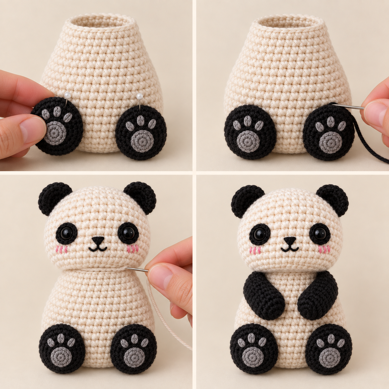 Attaching the panda feet, joining the head to the body, and positioning the arms inward