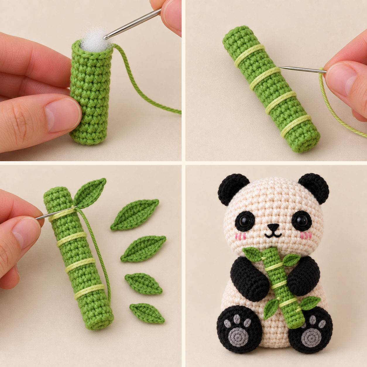 Crocheting a green bamboo stalk, adding pale rings and four leaves, and attaching it between the panda arms