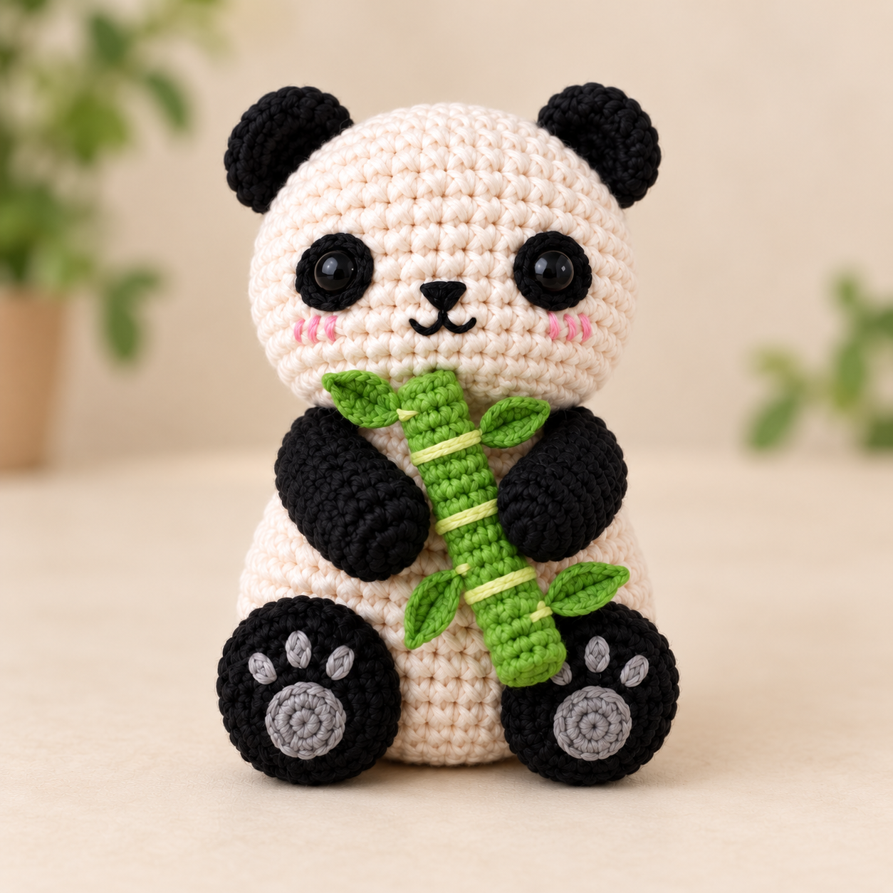 Finished cream and black crochet panda holding green bamboo with four leaves and gray paw pads