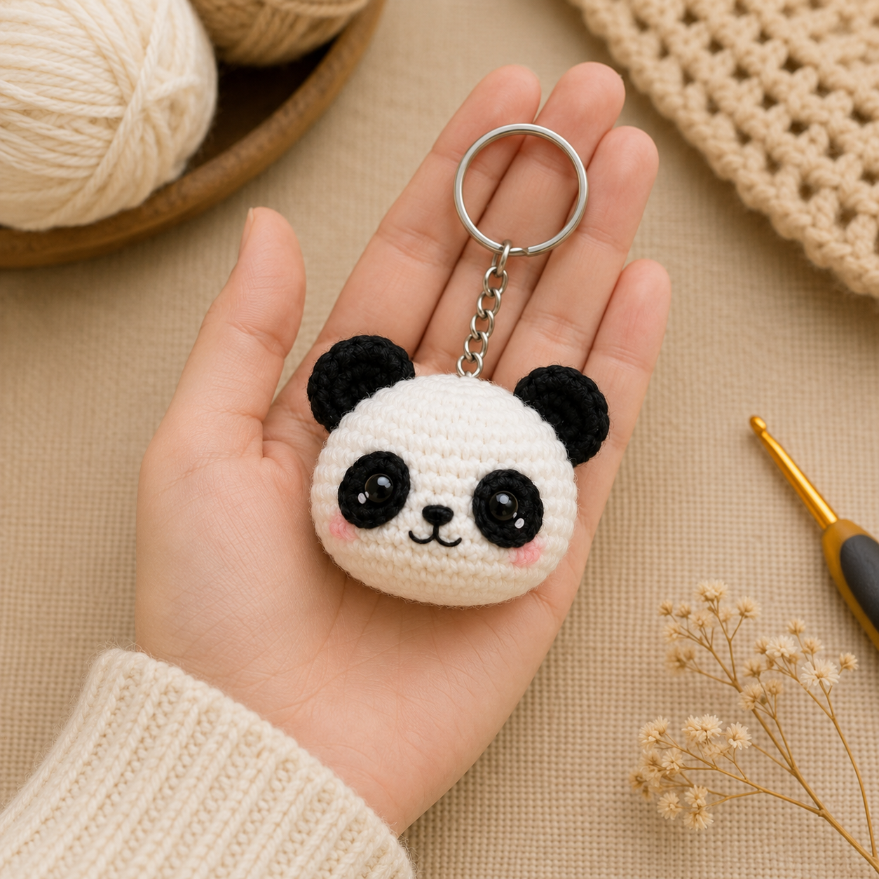 Small panda crochet keychain shown in hand for size