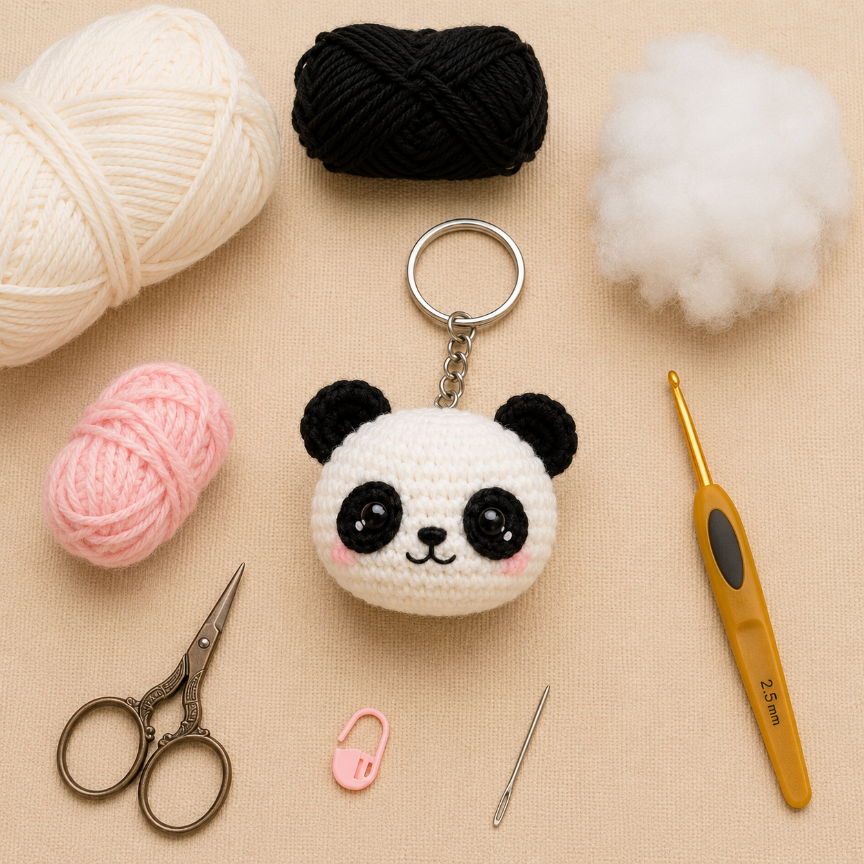 Materials for panda crochet keychain pattern including yarn hook and keyring